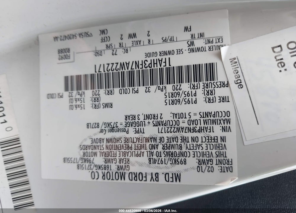 2010 FORD FOCUS SE VIN: 1FAHP3FN7AW222171