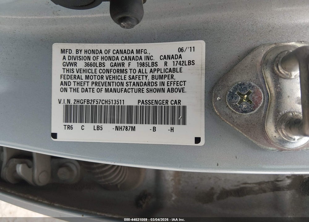 2012 HONDA CIVIC LX VIN: 2HGFB2F57CH513511