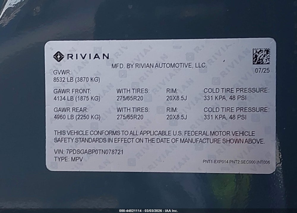 2026 RIVIAN R1S QUAD MOTOR MAX PACK VIN: 7PDSGABP0TN078721