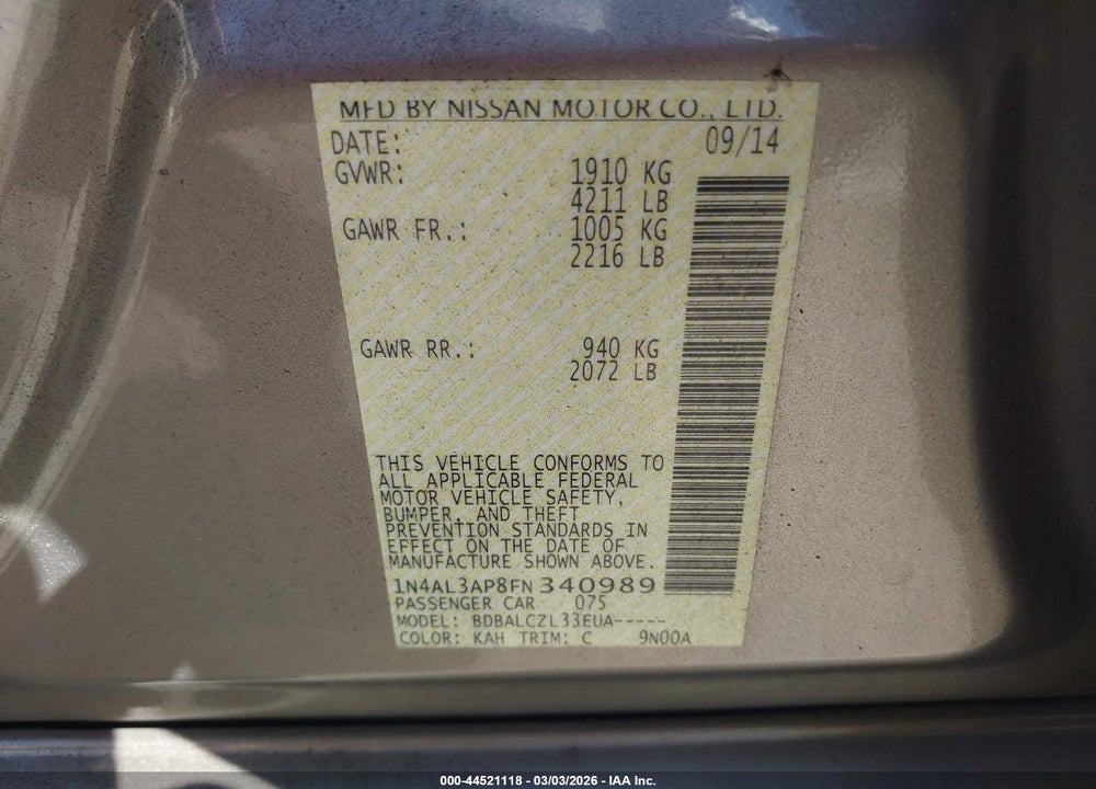 2015 NISSAN ALTIMA 2.5 S VIN: 1N4AL3AP8FN340989