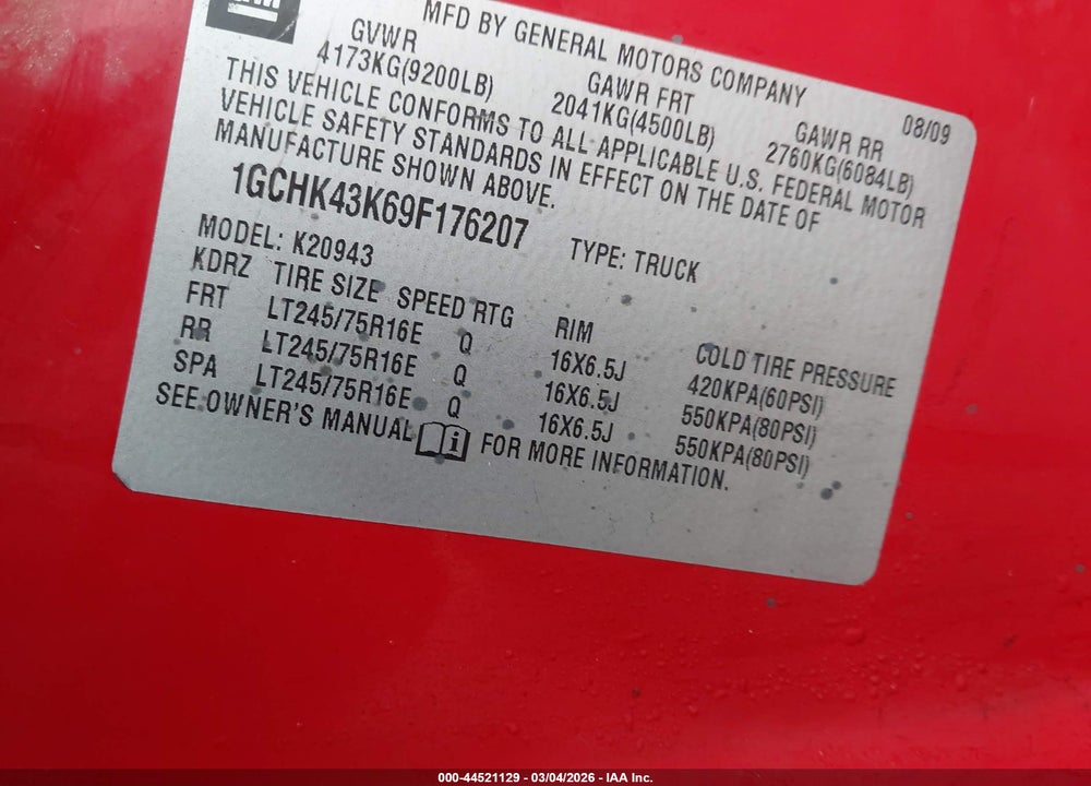 2009 CHEVROLET SILVERADO 2500HD WORK TRUCK VIN: 1GCHK43K69F176207