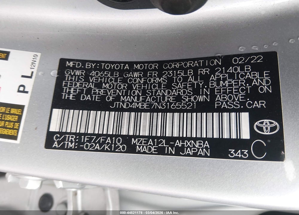2022 TOYOTA COROLLA SE VIN: JTND4MBE7N3165521