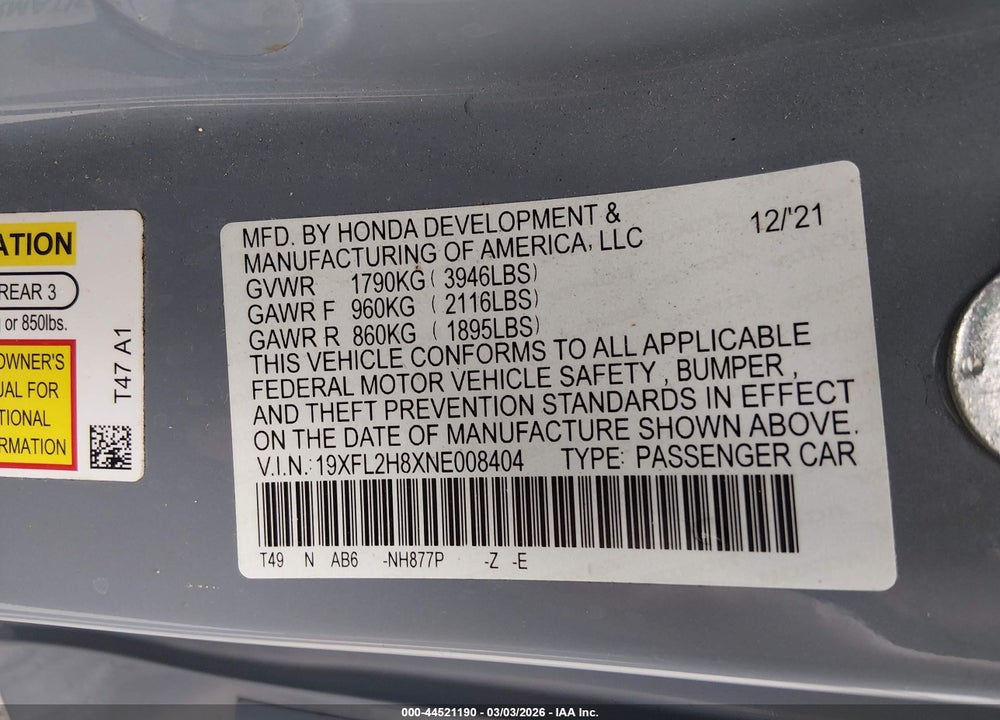 2022 HONDA CIVIC SPORT VIN: 19XFL2H8XNE008404