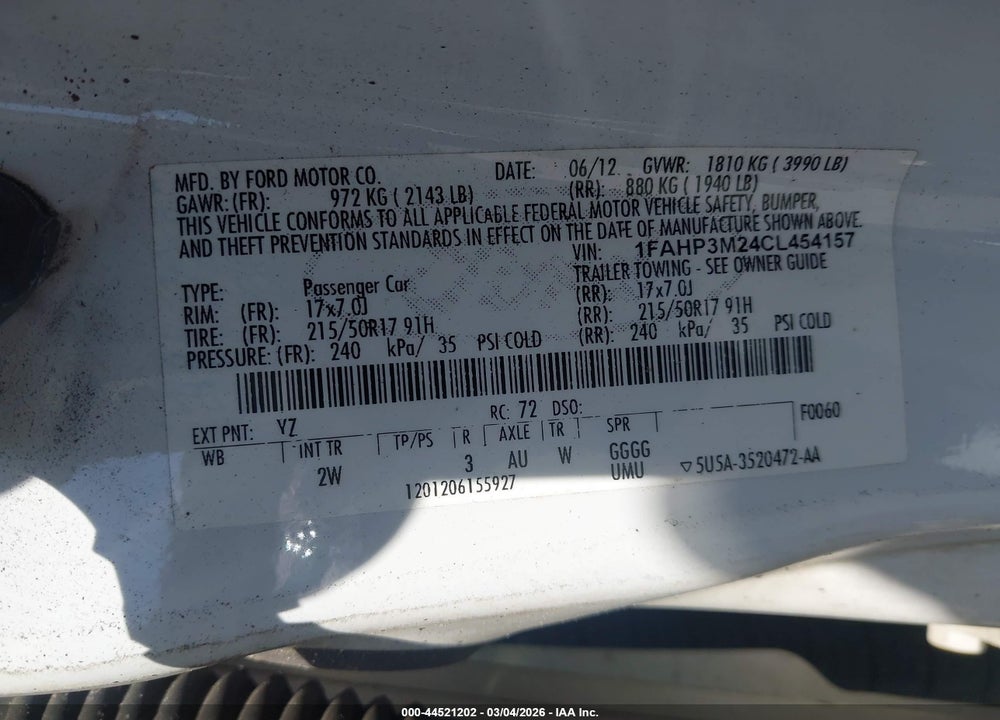 2012 FORD FOCUS SEL VIN: 1FAHP3M24CL454157