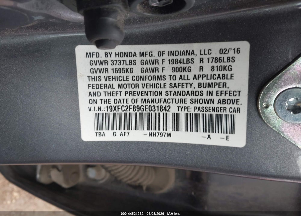 2016 HONDA CIVIC EX VIN: 19XFC2F89GE031842