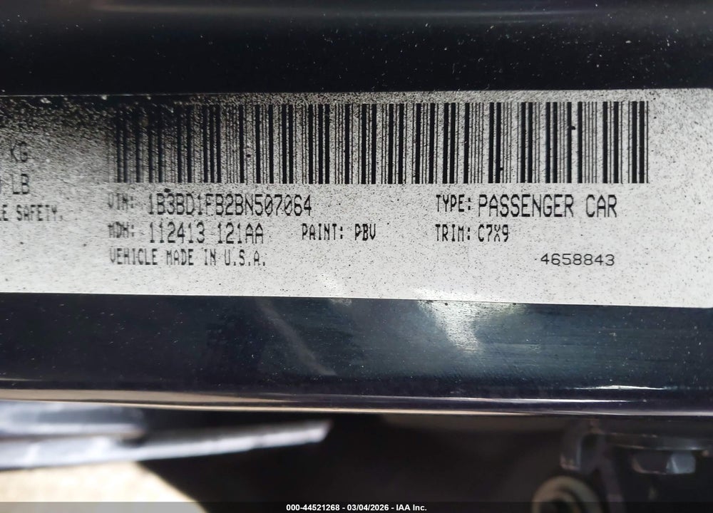 2011 DODGE AVENGER MAINSTREET VIN: 1B3BD1FB2BN507064