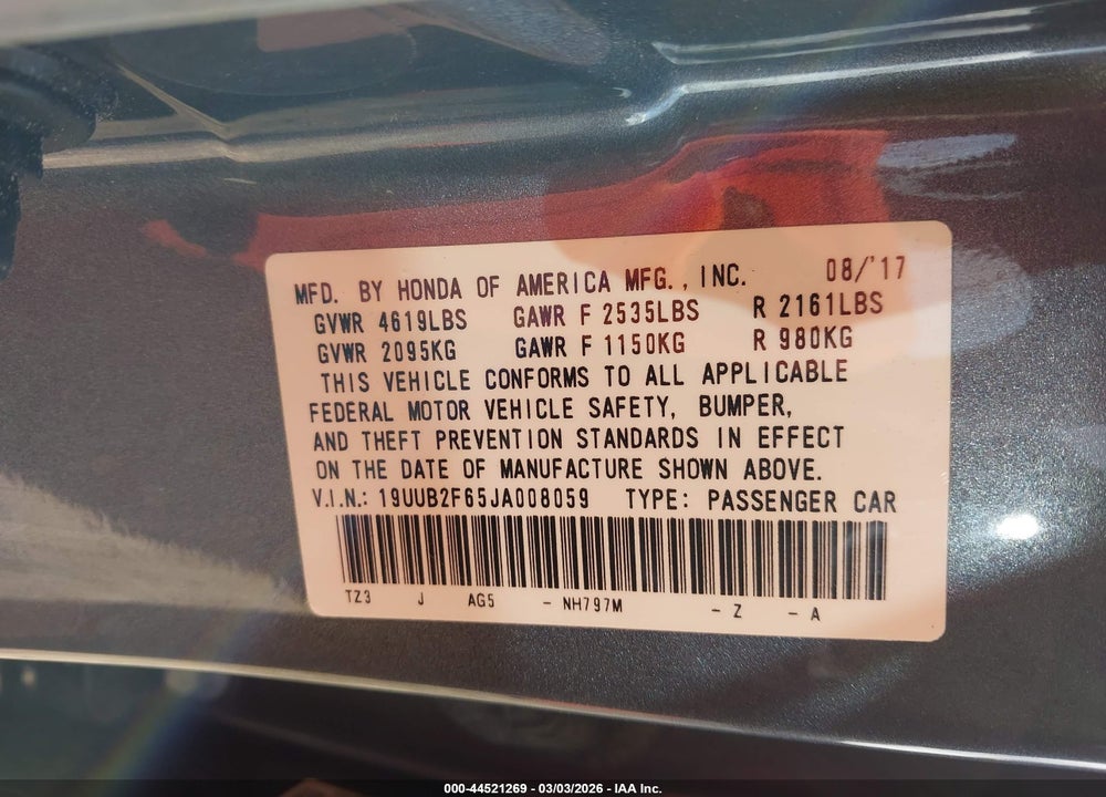 2018 ACURA TLX TECH   A-SPEC PKGS VIN: 19UUB2F65JA008059