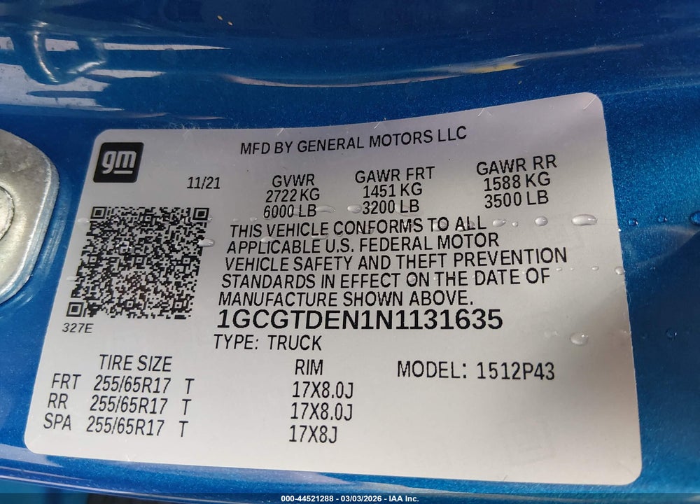 2022 CHEVROLET COLORADO 4WD  SHORT BOX Z71 VIN: 1GCGTDEN1N1131635