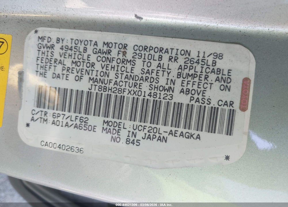 1999 LEXUS LS 400 VIN: JT8BH28FXX0148123