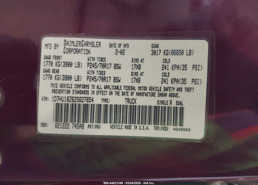2002 DODGE RAM 1500 ST VIN: 1D7HU18Z62S627654