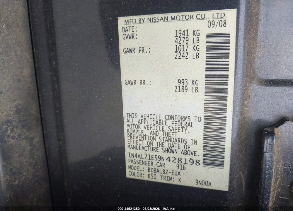 2009 NISSAN ALTIMA 2.5 S VIN: 1N4AL21E59N428198