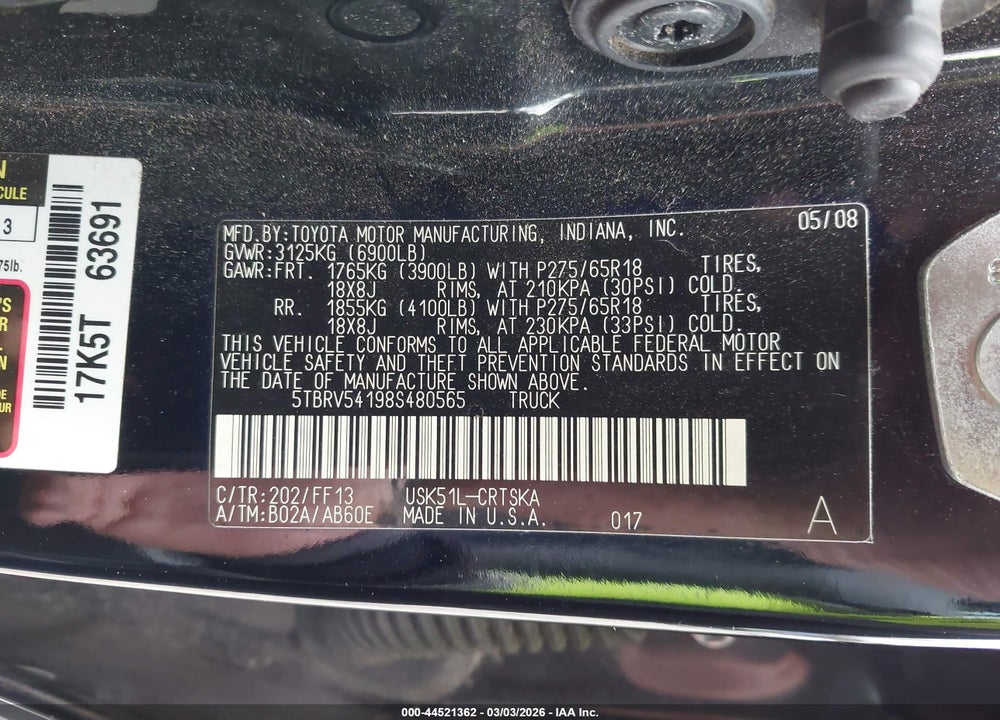 2008 TOYOTA TUNDRA SR5 5.7L V8 VIN: 5TBRV54198S480565