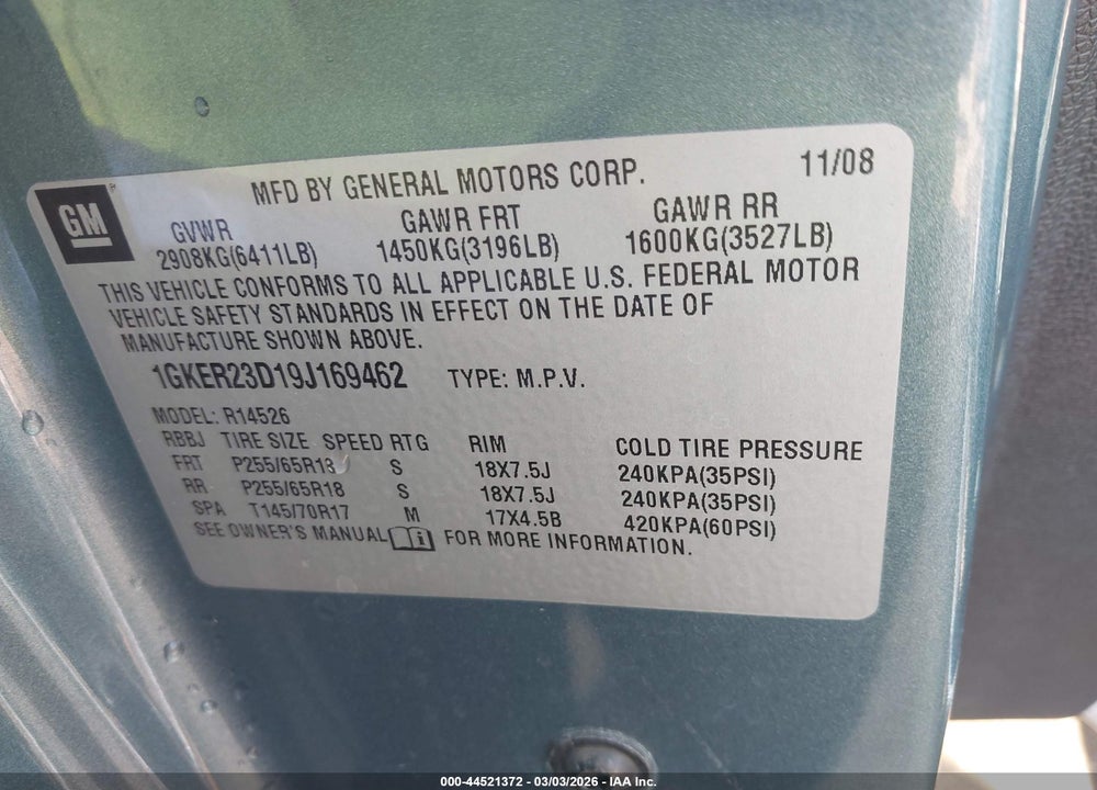 2009 GMC ACADIA SLT-1 VIN: 1GKER23D19J169462