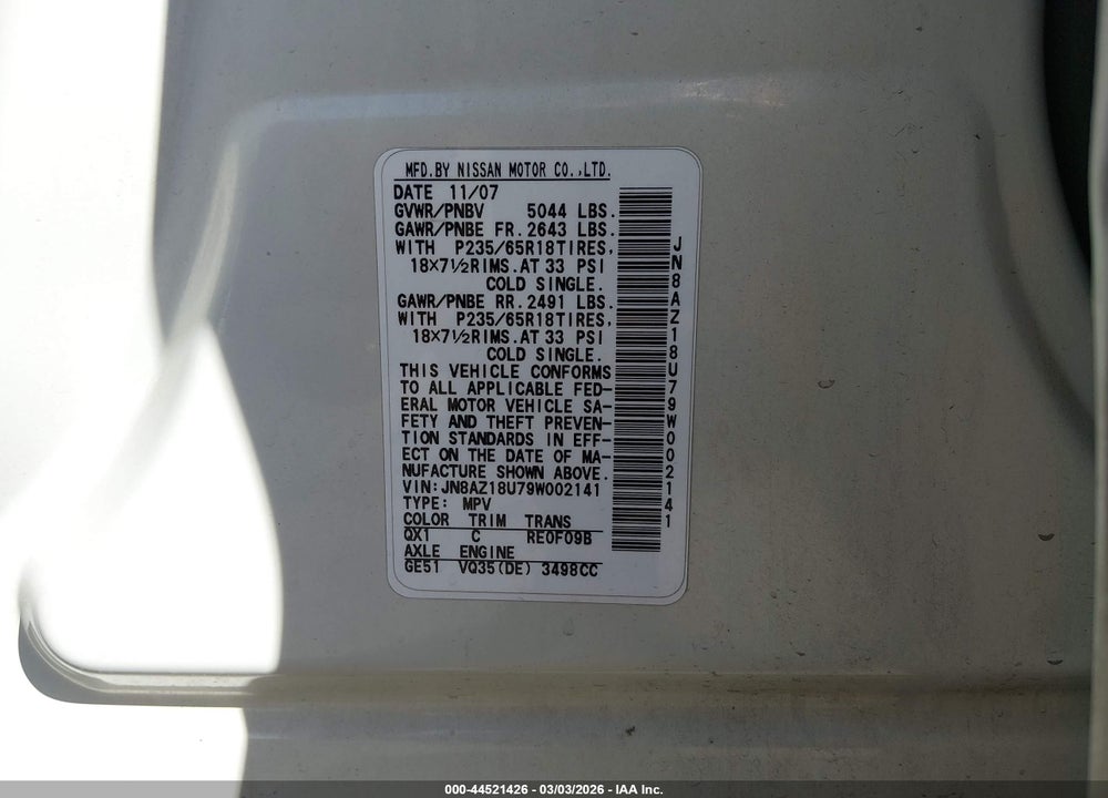 2009 NISSAN MURANO SL VIN: JN8AZ18U79W002141
