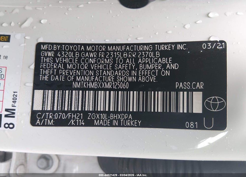 2021 TOYOTA C-HR LE VIN: NMTKHMBXXMR125060