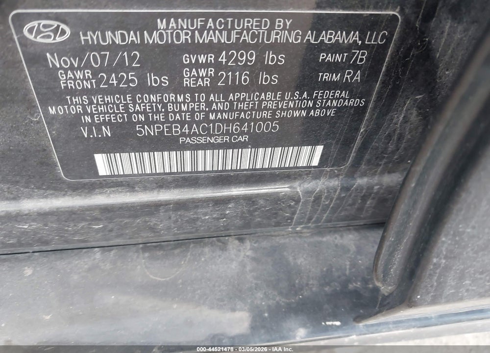 2013 HYUNDAI SONATA GLS VIN: 5NPEB4AC1DH641005