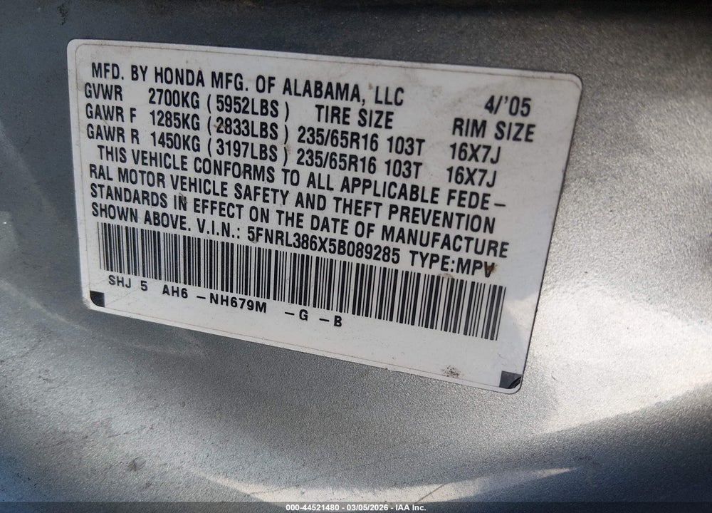 2005 HONDA ODYSSEY EX-L VIN: 5FNRL386X5B089285
