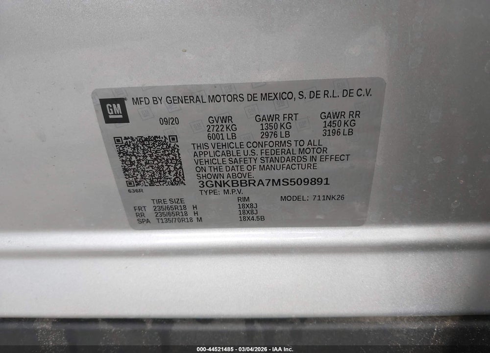 2021 CHEVROLET BLAZER FWD 1LT VIN: 3GNKBBRA7MS509891