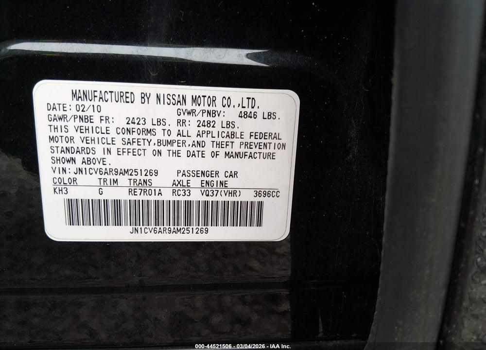 2010 INFINITI G37X VIN: JN1CV6AR9AM251269