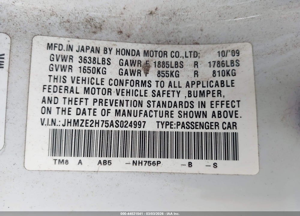 2010 HONDA INSIGHT EX VIN: JHMZE2H75AS024997