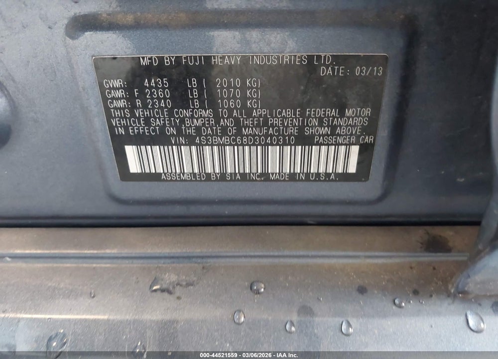 2013 SUBARU LEGACY 2.5I PREMIUM VIN: 4S3BMBC68D3040310