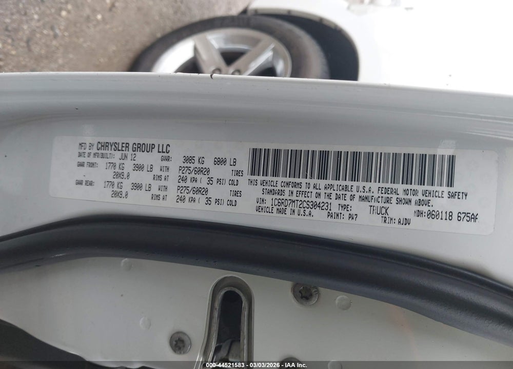 2012 RAM 1500 SPORT VIN: 1C6RD7MT2CS304231