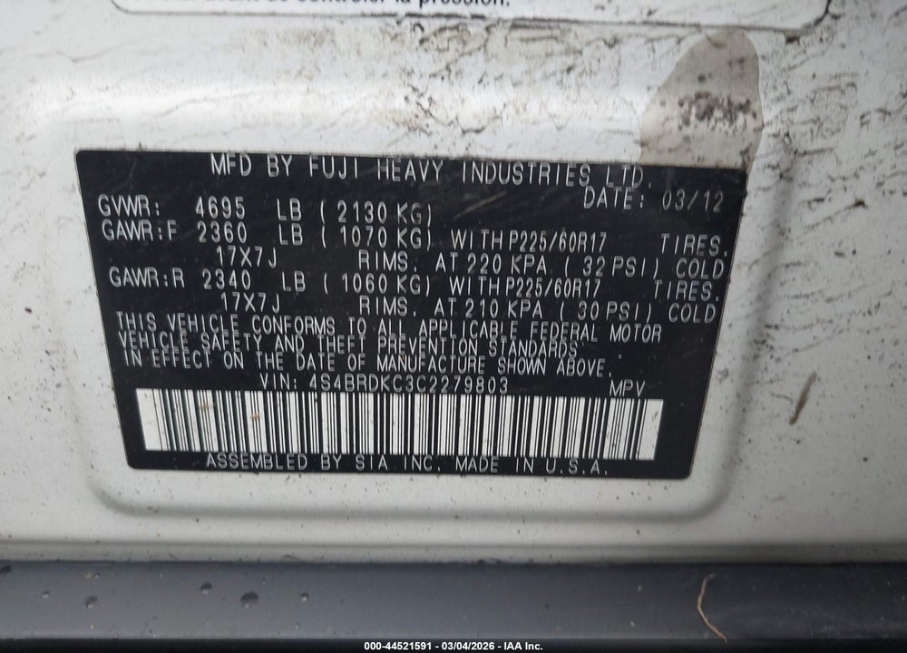 2012 SUBARU OUTBACK 3.6R LIMITED VIN: 4S4BRDKC3C2279803