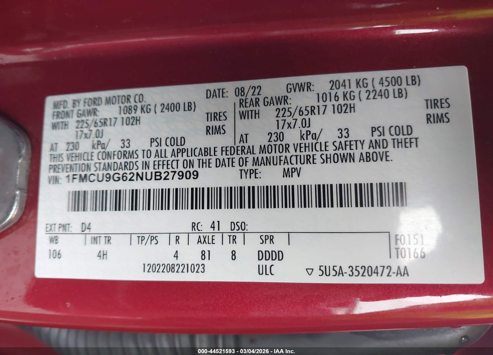 2022 FORD ESCAPE SE VIN: 1FMCU9G62NUB27909