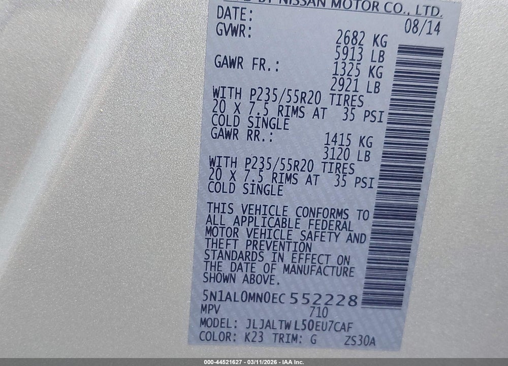 2014 INFINITI QX60 VIN: 5N1AL0MN0EC552228