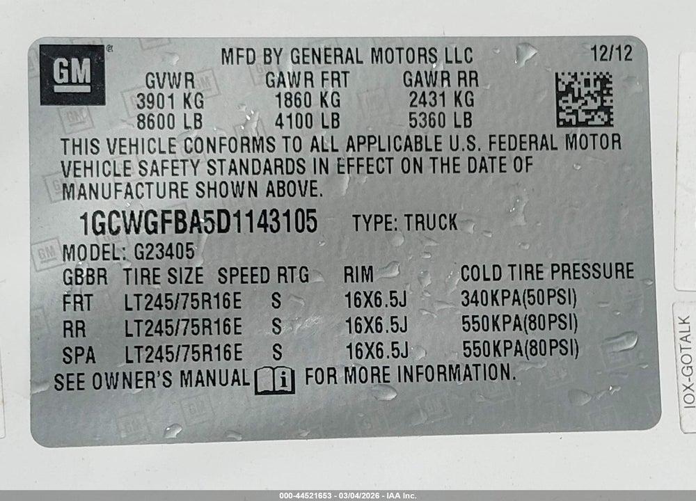 2013 CHEVROLET EXPRESS 2500 WORK VAN VIN: 1GCWGFBA5D1143105