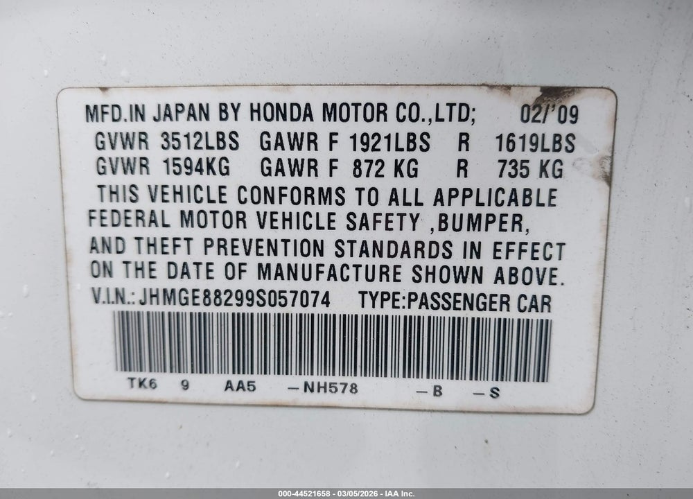 2009 HONDA FIT VIN: JHMGE88299S057074