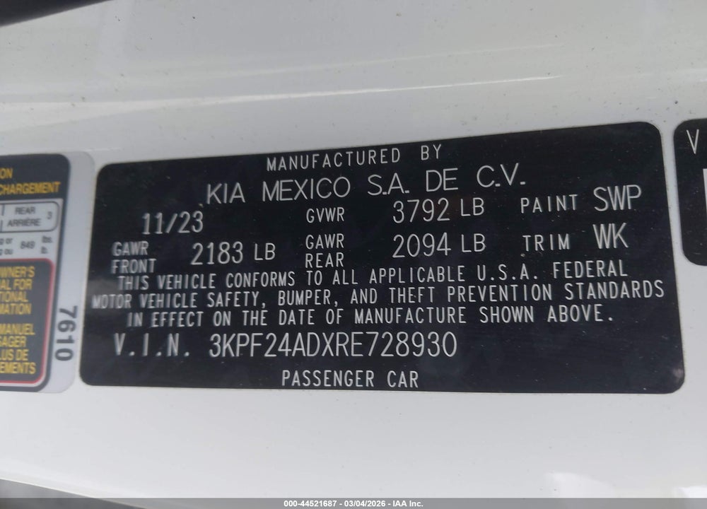 2024 KIA FORTE LXS VIN: 3KPF24ADXRE728930