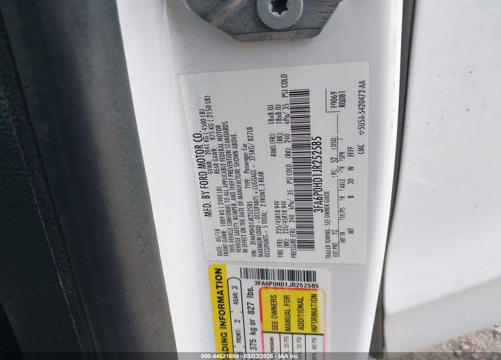 2018 FORD FUSION SE VIN: 3FA6P0HD1JR252585