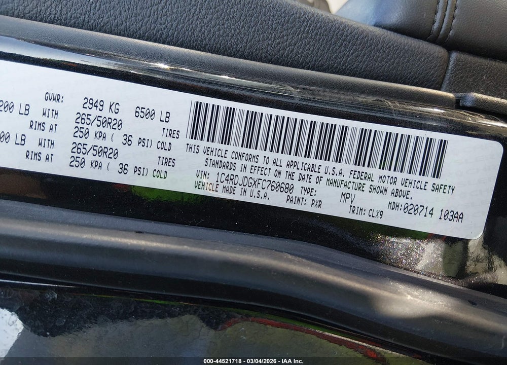 2015 DODGE DURANGO LIMITED VIN: 1C4RDJDGXFC760680