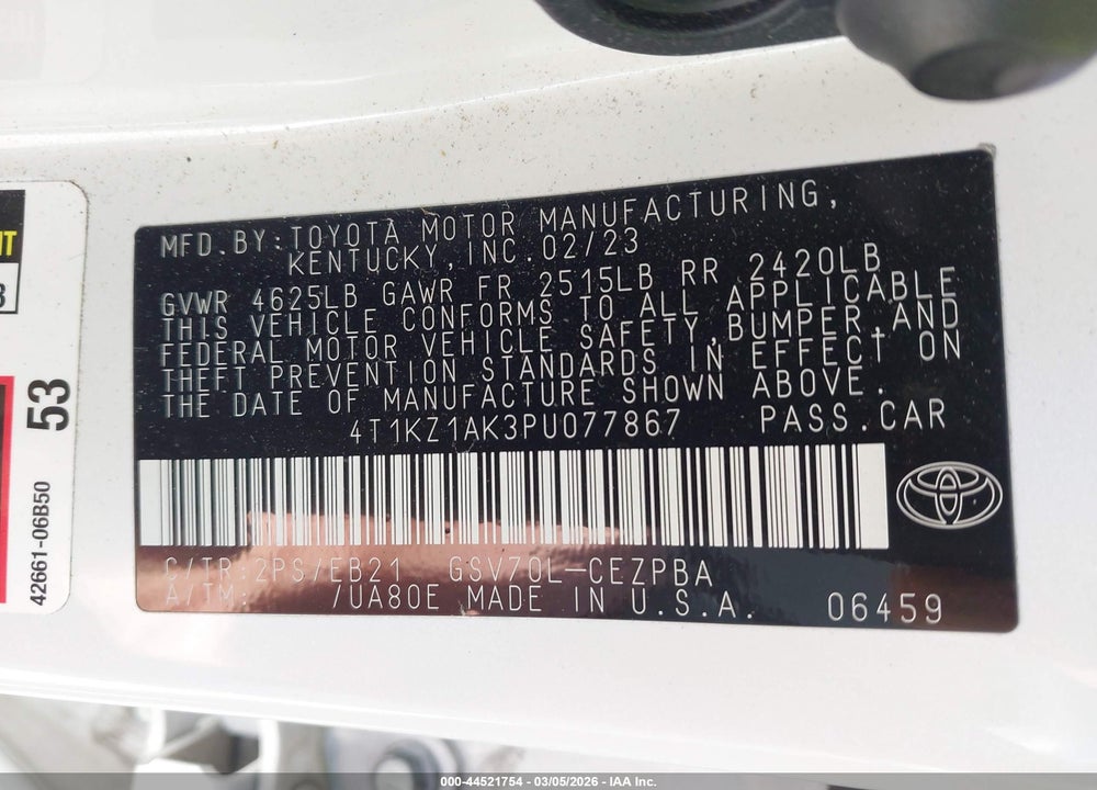 2023 TOYOTA CAMRY TRD VIN: 4T1KZ1AK3PU077867