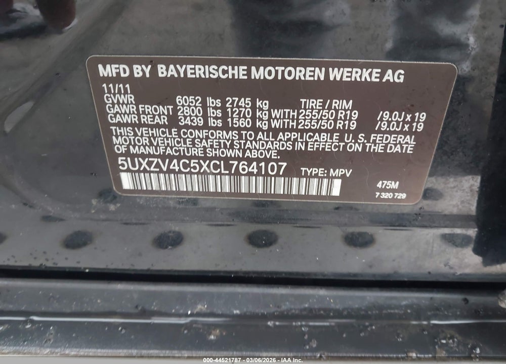 2012 BMW X5 XDRIVE35I/XDRIVE35I PREMIUM/XDRIVE35I SPORT ACTIVITY VIN: 5UXZV4C5XCL764107
