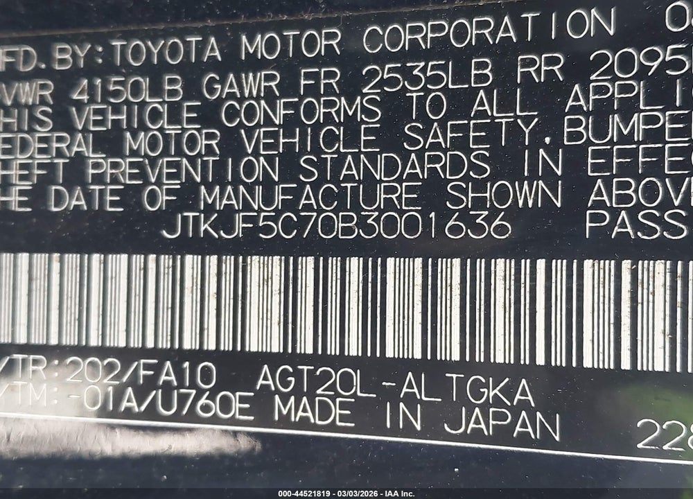 2011 SCION TC VIN: JTKJF5C70B3001636