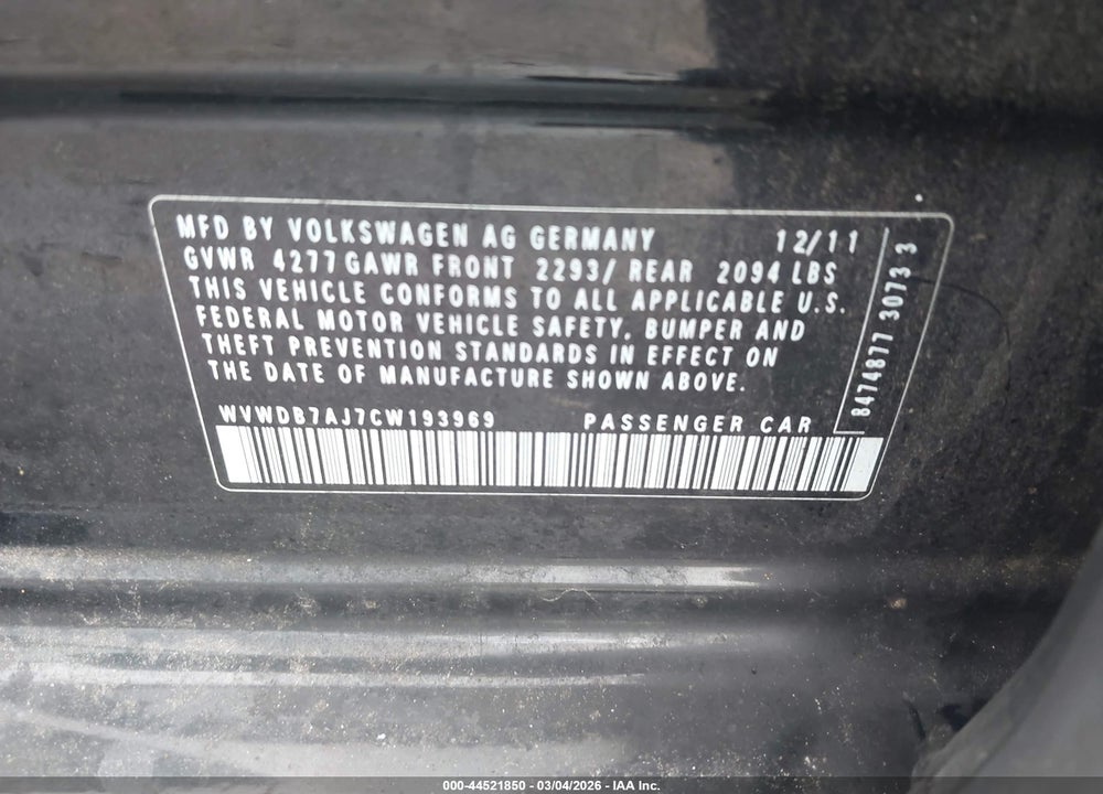 2012 VOLKSWAGEN GOLF 2.5L 4-DOOR VIN: WVWDB7AJ7CW193969