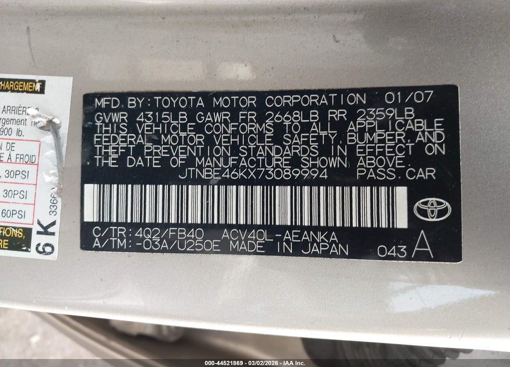 2007 TOYOTA CAMRY CE VIN: JTNBE46KX73089994