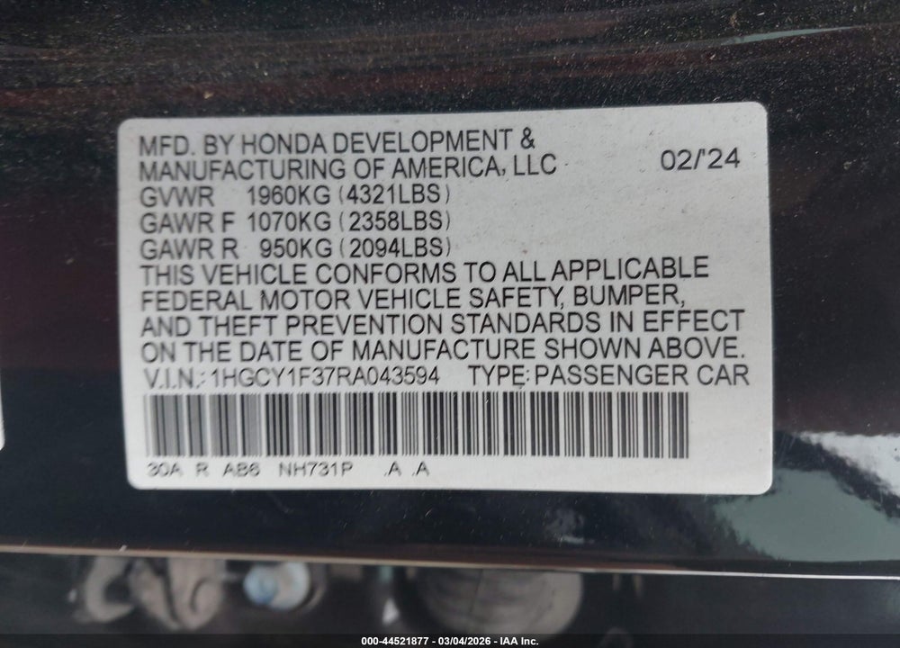 2024 HONDA ACCORD EX VIN: 1HGCY1F37RA043594