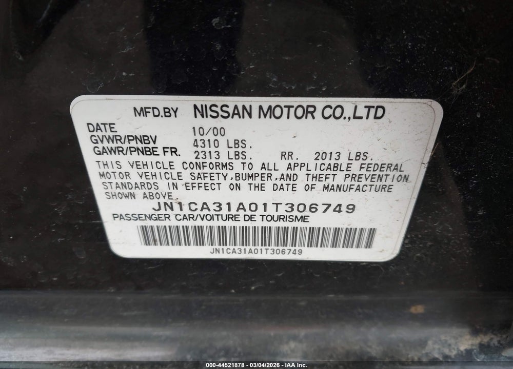 2001 NISSAN MAXIMA SE VIN: JN1CA31A01T306749