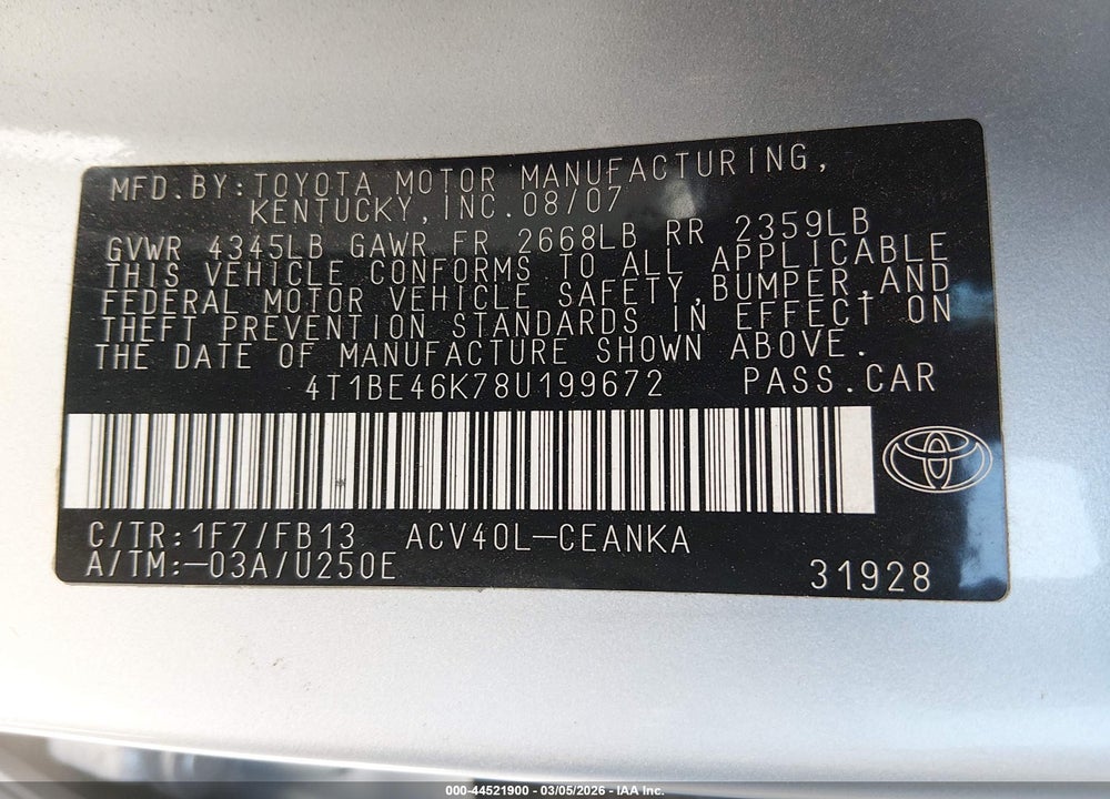 2008 TOYOTA CAMRY VIN: 4T1BE46K78U199672