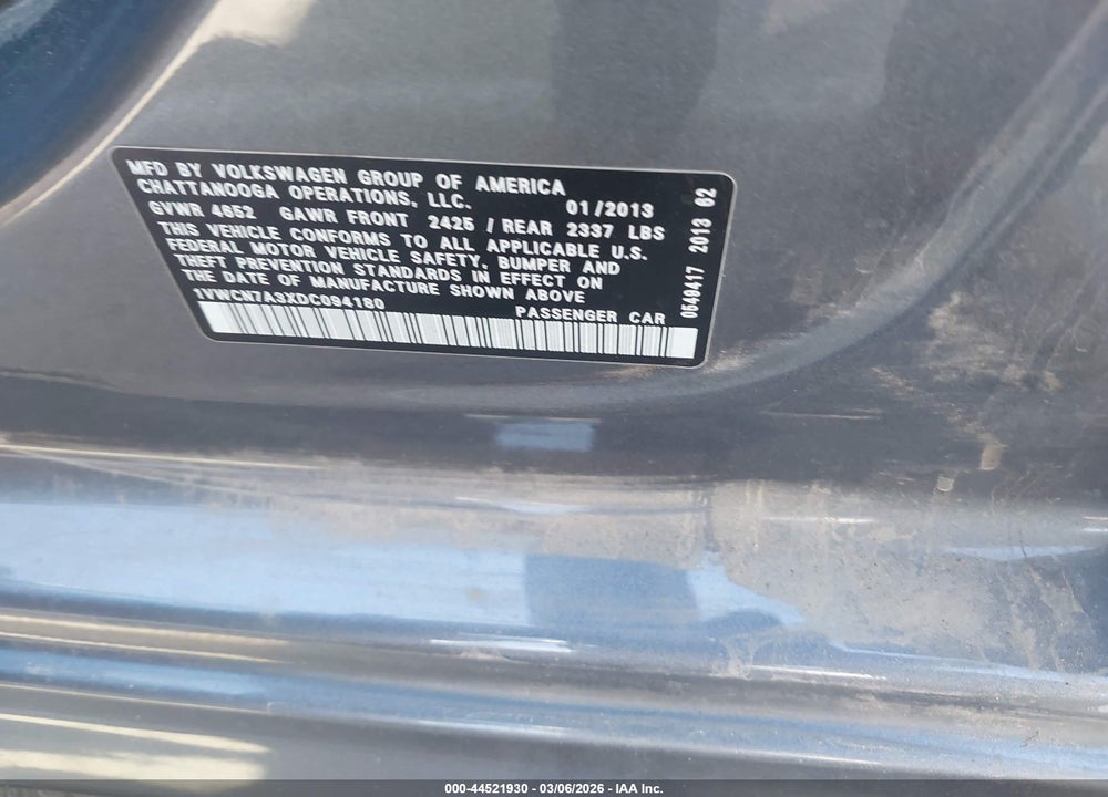 2013 VOLKSWAGEN PASSAT 2.0L TDI SEL PREMIUM VIN: 1VWCN7A3XDC094180