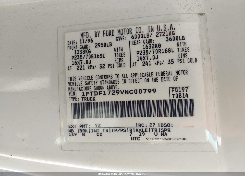 1997 FORD F-150 STANDARD/XL/XLT VIN: 1FTDF1729VNC00799