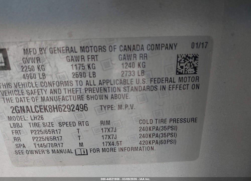 2017 CHEVROLET EQUINOX LT VIN: 2GNALCEK8H6292496