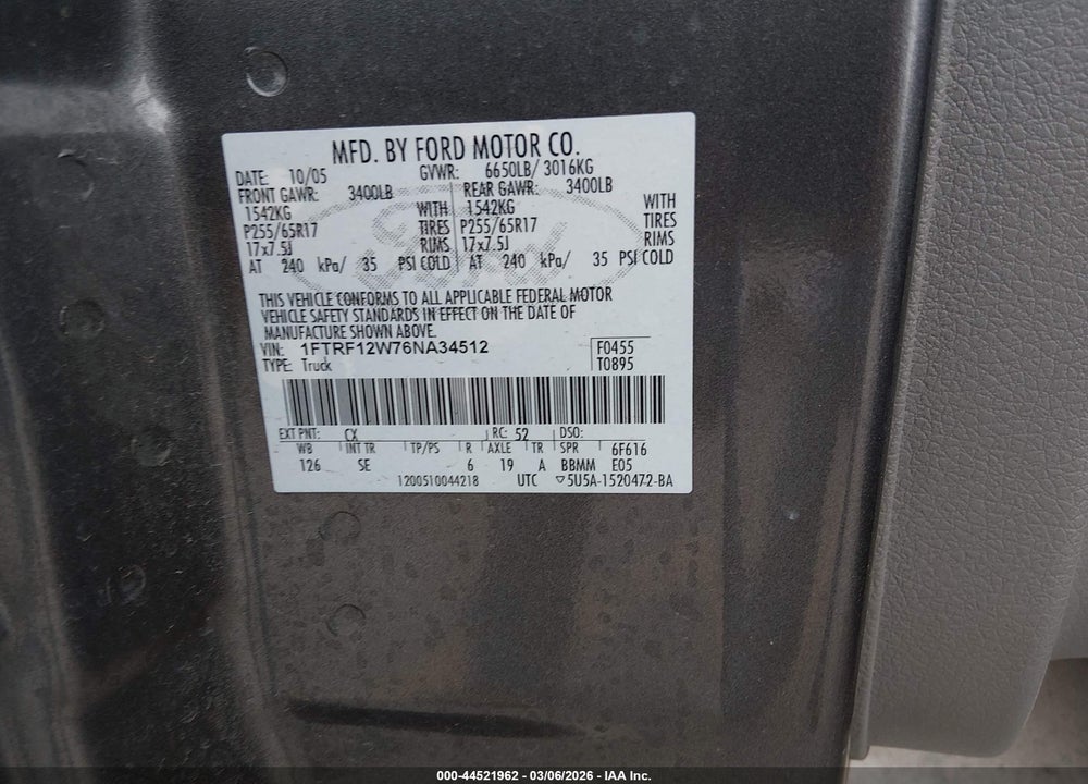 2006 FORD F-150 STX/XL/XLT VIN: 1FTRF12W76NA34512