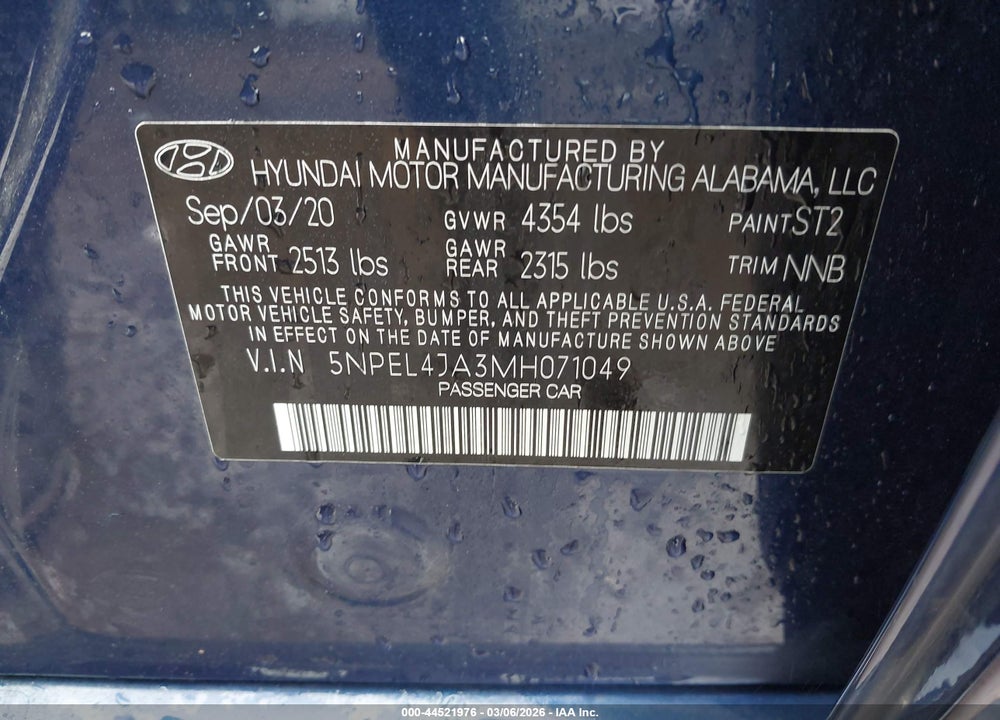 2021 HYUNDAI SONATA SEL VIN: 5NPEL4JA3MH071049