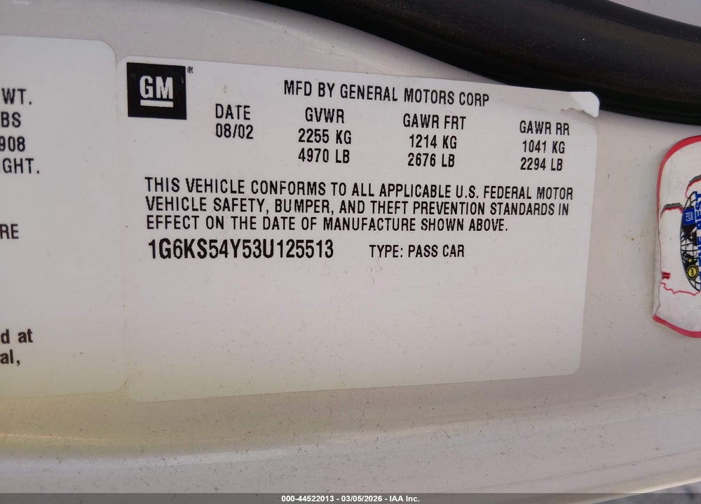 2003 CADILLAC SEVILLE SLS VIN: 1G6KS54Y53U125513