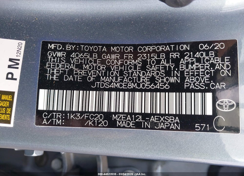2021 TOYOTA COROLLA SE VIN: JTDS4MCE8MJ056456