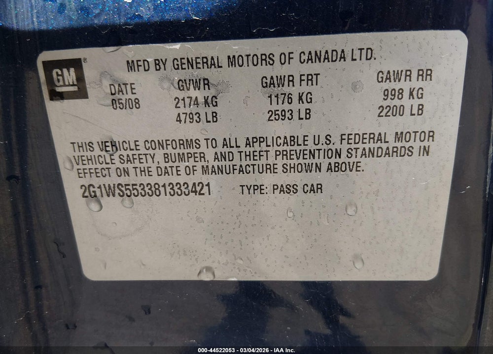 2008 CHEVROLET IMPALA POLICE VIN: 2G1WS553381333421